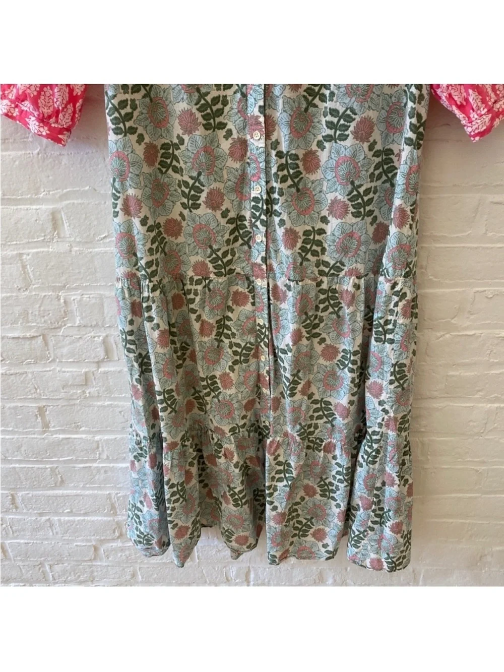Zara Block Printed Floral Pink Ecru Midi Dress M